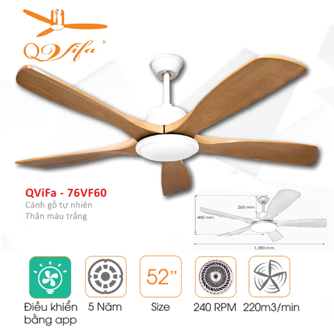 Quạt trần cao cấp 5 Cánh gỗ tự nhiên - Điều khiển bằng App điện thoại MODEL QVIFA - 76VF59/60