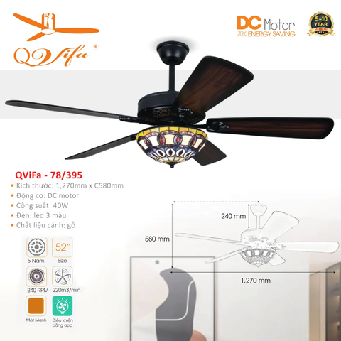 Quạt trần Cổ điển 5 Cánh gỗ kết hợp chao đèn hoa văn độc đáo QVIFA -78/395-396