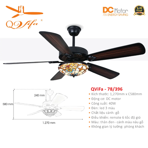 Quạt trần Cổ điển 5 Cánh gỗ kết hợp chao đèn hoa văn độc đáo QVIFA -78/395-396