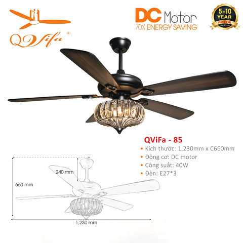 Quạt trần Cổ điển 5 Cánh gỗ kết hợp Chao đèn Pha lê cực kỳ Độc đáo và Ấn tượng QVIFA -85