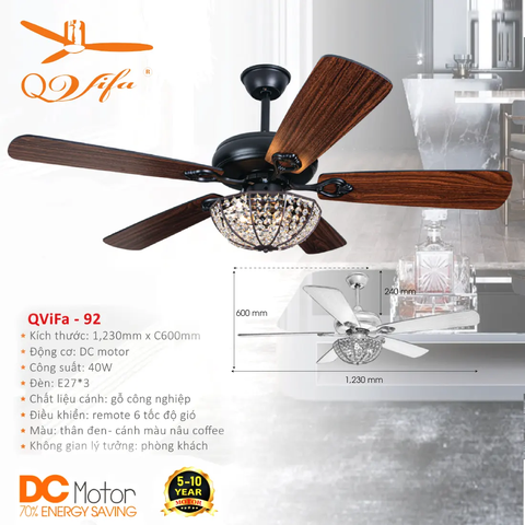 Quạt trần Cổ điển 5 Cánh gỗ kết hợp Chao đèn Pha lê cực kỳ Độc đáo và Ấn tượng QVIFA -92