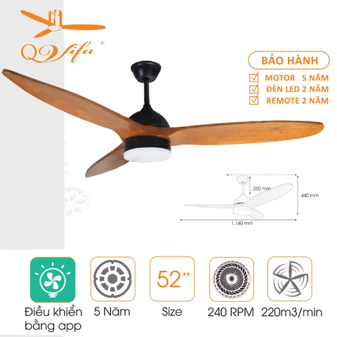 Quạt trần 3 Cánh gỗ tự nhiên - Thiết kế đơn giản, tinh tế  MODEL QVIFA -15/16