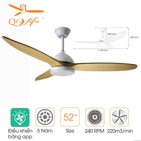 Quạt trần 3 Cánh gỗ tự nhiên - Thiết kế đơn giản, tinh tế  MODEL QVIFA -15/16