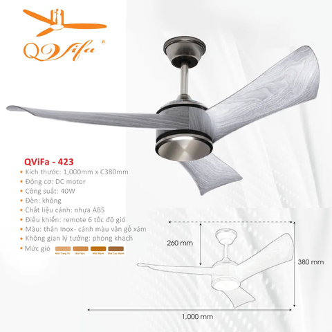 Quạt trần Mini dành cho phòng nhỏ, gắn sát trần - 3 Cánh ABS thiết kế lạ mắt MODEL QVIFA-423