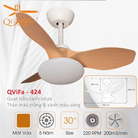 Quạt trần Mini dành cho phòng nhỏ, gắn sát trần - 3 Cánh ABS gỗ xinh xắn MODEL QVIFA -424/425
