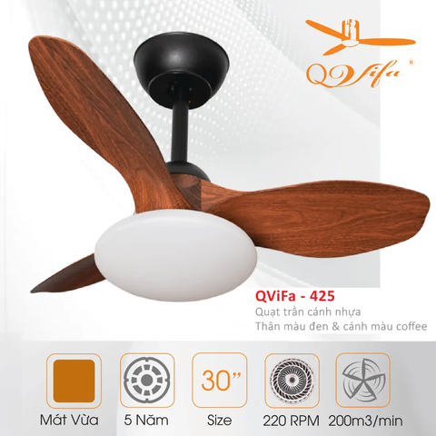 Quạt trần Mini dành cho phòng nhỏ, gắn sát trần - 3 Cánh ABS gỗ xinh xắn MODEL QVIFA -424/425