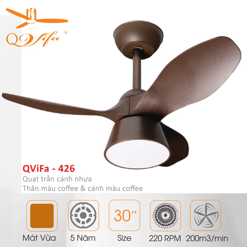 Quạt trần Mini dành cho phòng nhỏ, gắn sát trần - 3 Cánh ABS gỗ xinh xắn MODEL QVIFA -426