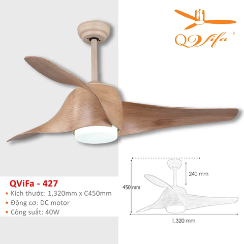 Quạt trần 3 Cánh ABS gỗ nâu sáng - thiết kế nghệ thuật MODEL QVIFA-427