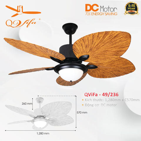 Quạt trần 5 Cánh lá ABS Tinh tế và Lãng mạn - Điều khiển bằng App điện thoại MODEL QVIFA -49/236