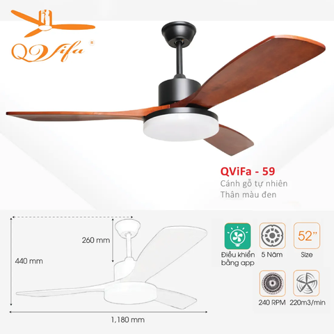 Quạt trần 3 Cánh gỗ tự nhiên - Thiết kế đơn giản, tinh tế  MODEL QVIFA -59/60
