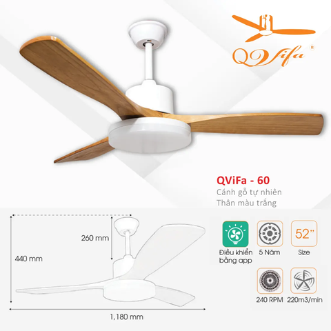 Quạt trần 3 Cánh gỗ tự nhiên - Thiết kế đơn giản, tinh tế  MODEL QVIFA -59/60