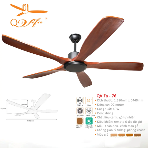 Quạt trần 5 Cánh gỗ tự nhiên, kích thước lớn - Thiết kế tối giản, thanh lịch MODEL QVIFA - 76