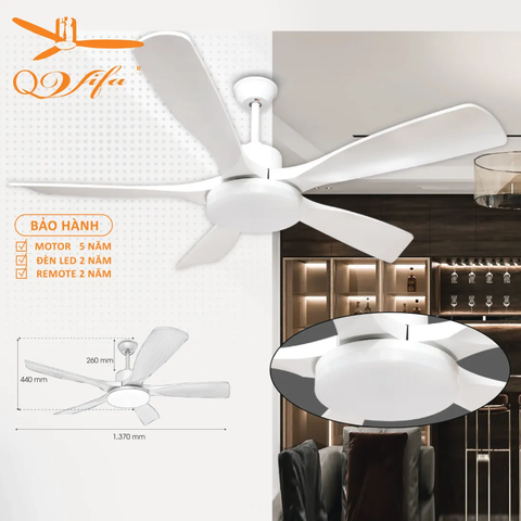 Quạt trần cao cấp 5 Cánh ABS  - Điều khiển bằng App điện thoại MODEL QVIFA - 94/96