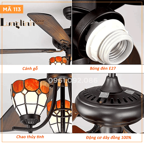 Quạt trần đèn – Cánh gỗ cổ điển – Mã 113