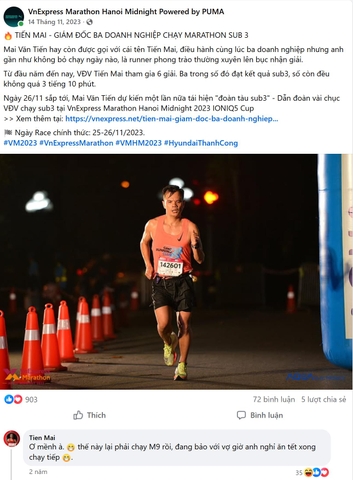 Page VnExpress Marathon Hanoi Midnight từng đưa tin về Mai Văn Tiến
