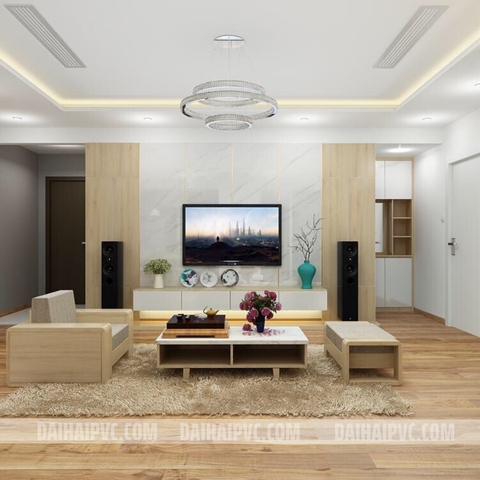 Thi công vách tivi với tấm PVC cho phòng khách  TV01