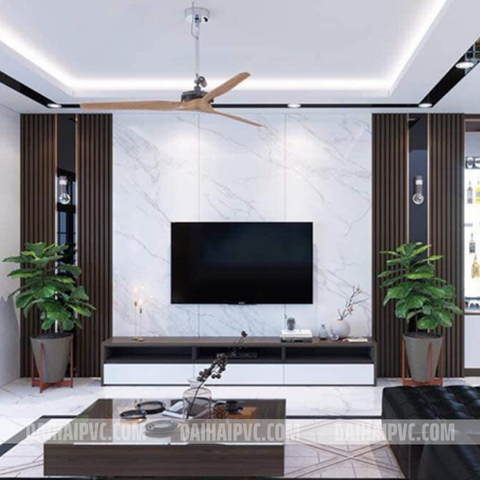 Thi công vách tivi với tấm PVC cho phòng khách TV08