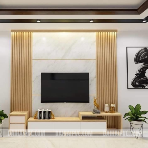 Thi công vách tivi với tấm PVC cho phòng khách TV09