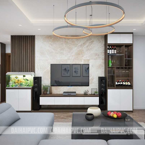 Thi công vách tivi với tấm PVC cho phòng khách  TV02
