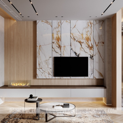 Thi công vách tivi với tấm PVC cho phòng khách TV04