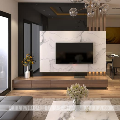 Thi công vách tivi với tấm PVC cho phòng khách TV03