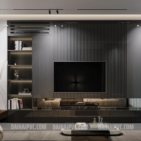 Thi công vách tivi với tấm PVC cho phòng khách TV05