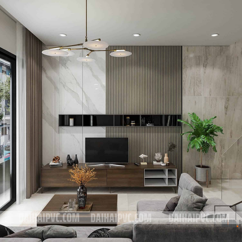 Thi công vách tivi với tấm PVC cho phòng khách TV06