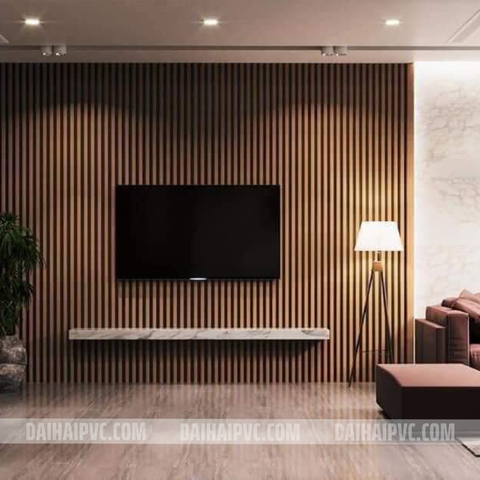 Thi công vách tivi với tấm PVC cho phòng khách TV07