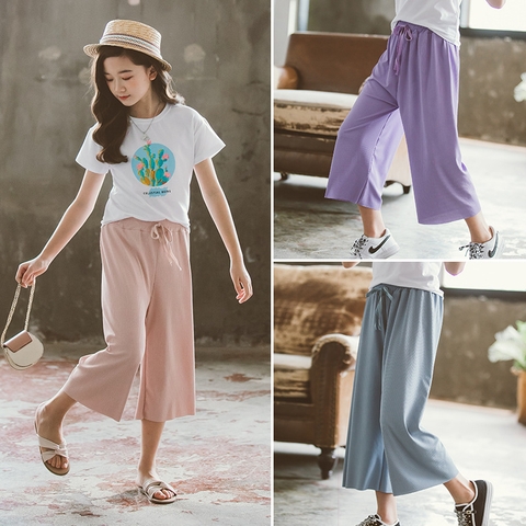 Quần lửng 7 tấc vải lụa băng ống rộng kiểu dáng mỏng phong cách Hàn Quốc dành cho bé gái