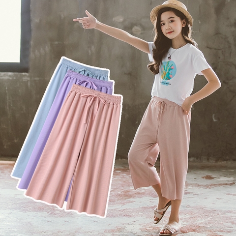 Quần lửng 7 tấc vải lụa băng ống rộng kiểu dáng mỏng phong cách Hàn Quốc dành cho bé gái