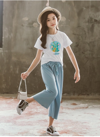 Quần lửng 7 tấc vải lụa băng ống rộng kiểu dáng mỏng phong cách Hàn Quốc dành cho bé gái
