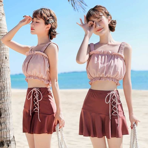 Bộ đồ bơi hai mảnh kiểu váy xẻ hông nhỏ nhắn dễ thương, phong cách Hàn Quốc