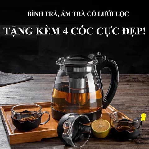 Bộ ấm pha trà thủy tinh lưới lọc inox