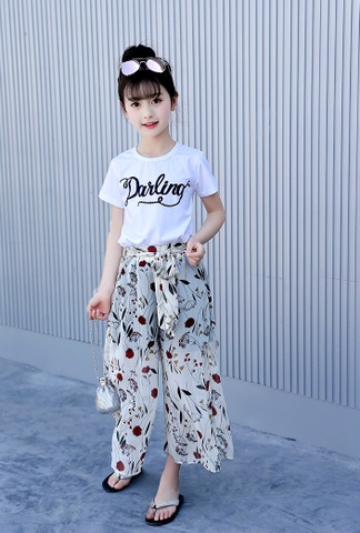 Quần ống rộng giả váy vải voan họa tiết hoa thời trang dành cho bé gái