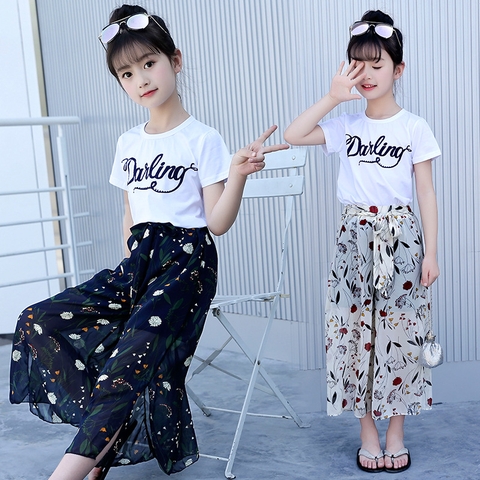 Quần ống rộng giả váy vải voan họa tiết hoa thời trang dành cho bé gái