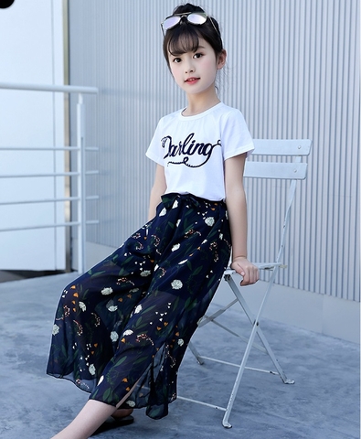 Quần ống rộng giả váy vải voan họa tiết hoa thời trang dành cho bé gái