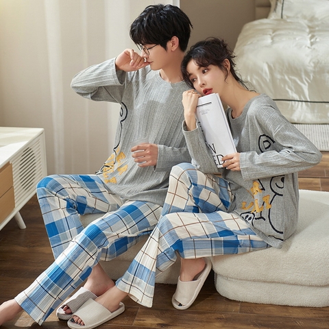 Đồ bộ dài tay cotton mát cổ tròn phối họa tiết dành cho nam