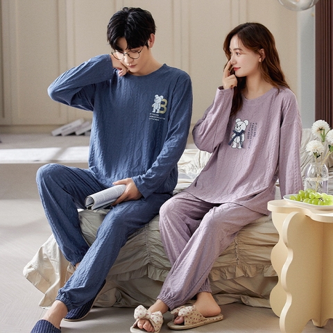 Đồ bộ dài tay cotton mát cổ tròn phối họa tiết dành cho nam
