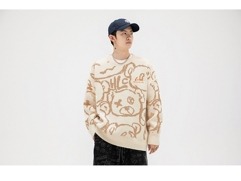 Áo len unisex dệt hình gấu phong cách Nhật Bản