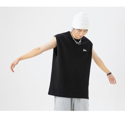 Áo thun unisex không tay thêu hình, vải waffle ghi lê kiểu mới