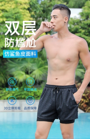 Quần bơi, quần đi biển, chạy bộ của nam hai lớp dài có túi kéo khóa