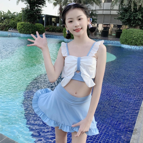 Bộ đồ bơi hai mảnh áo hai dây thắt nơ phối với váy ngắn kiểu dáng công chúa dễ thương