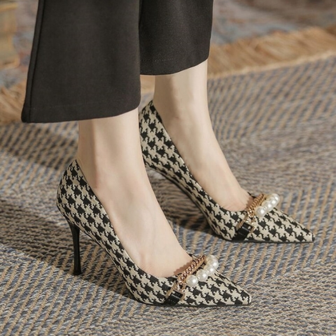 Giày cao gót Houndstooth đính ngọc trai mẫu mới
