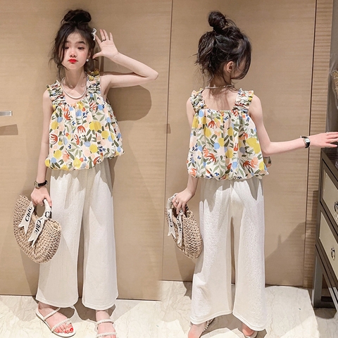 Bộ đồ hai mảnh kiểu dáng mới áo hai dây và quần ống rộng thời trang dành cho bé gái