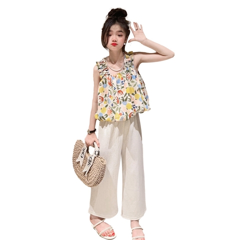 Bộ đồ hai mảnh kiểu dáng mới áo hai dây và quần ống rộng thời trang dành cho bé gái
