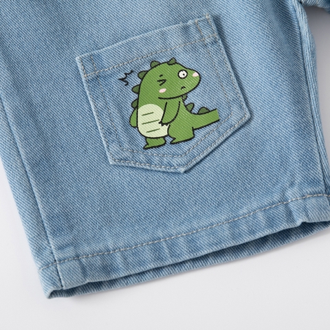 Quần short Denim phối túi hoạt hình khủng long dễ thương cho bé trai