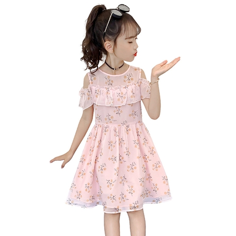 Đầm bé gái kiểu dáng mỏng hở vai phối ren phong cách Hàn Quốc dành cho bé gái