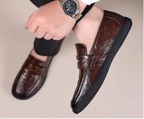 Giày lười nam phong cách retro chất da bò mềm mại, đế cao su êm ái