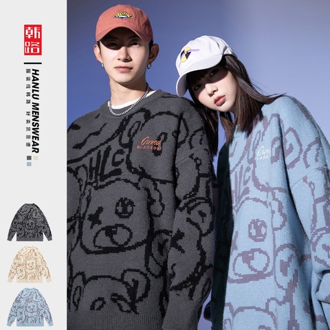 Áo len unisex dệt hình gấu phong cách Nhật Bản