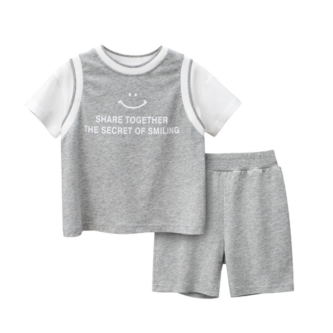 Bộ đồ cotton hai mảnh ngắn tay in chữ phong cách Hàn Quốc cho bé trai